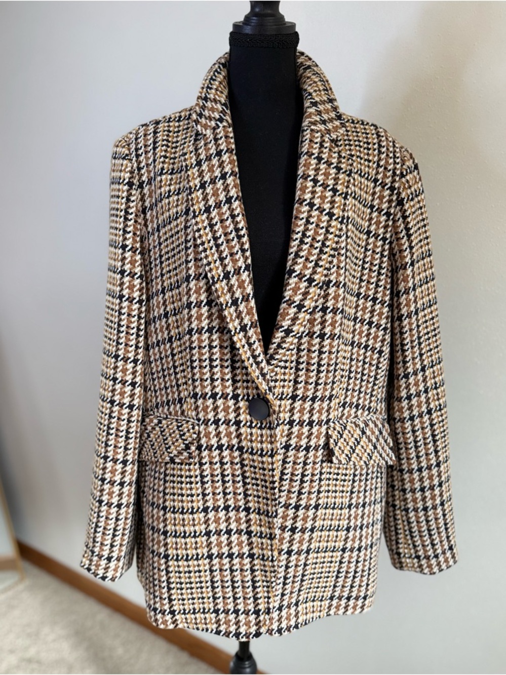Charlie B Plaid Blazer XL NWT Houndstooth Jacket Brown Navy Oversized - Picture 2 of 12
